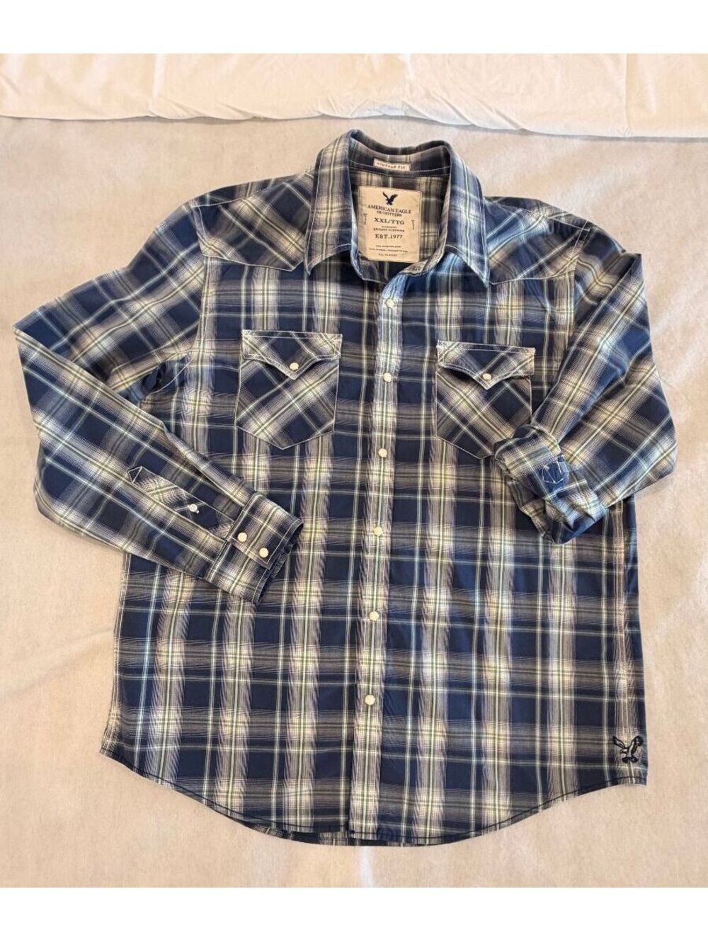 American Eagle Men's Button Down with Pearl Snaps Navy Plaid size XXL